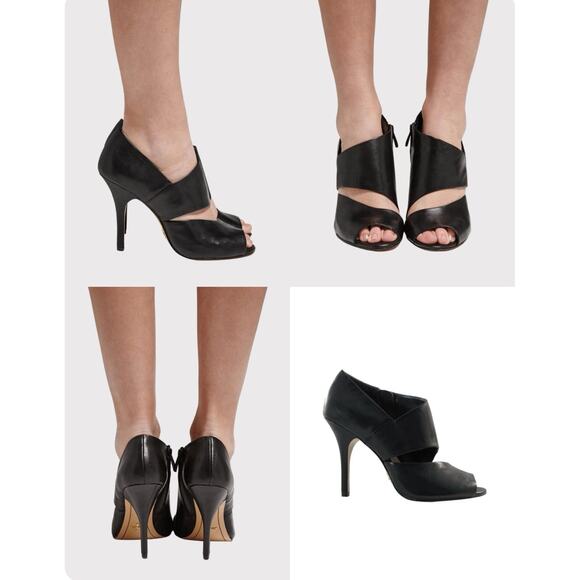 POUR LA VICTOIRE Yale Cut Away Bootie Stiletto 5.5 Black Leather Open Toe Heel - Picture 1 of 13